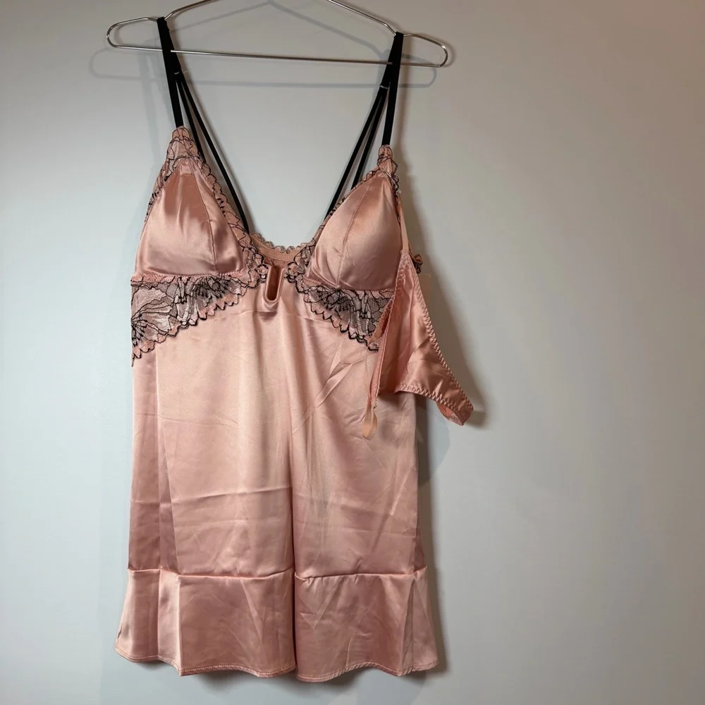 Auden Blush Pink With Black Lace Trim Silky‎ Babydoll  Lingerie Set In Medium